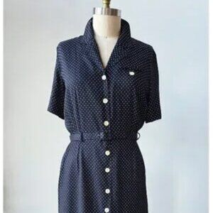 Vintage 90's Howard Wolf Black and White Polka Dot Midi Market Belted Dress 14
